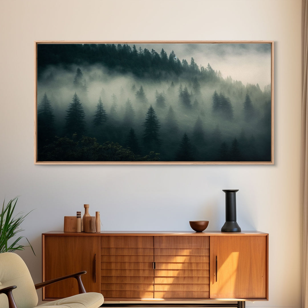 Foggy pine forest, Canadian forest art, framed canvas print, farmhouse decor, misty forst landscape