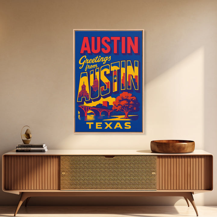 Austin Texas Travel Poster, Canvas Print, Colorful Graphic Wall Art, Austin Art Print, City Illustration, Travel Art Print, Travel Print