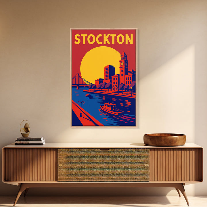 Stockton Travel Poster, Framed Canvas Print, Vibrant Retro Travel Art, Stockton City Art, Vintage City Art, Fine Art Print, Vintage Print