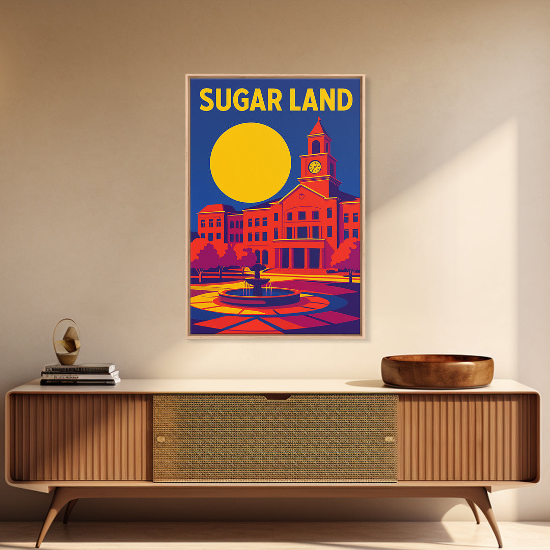Sugar Land Texas Travel Poster, Framed Canvas Print, Vibrant Retro Travel Art, Sugar Land Art Print, City Art Print, Vintage City Poster