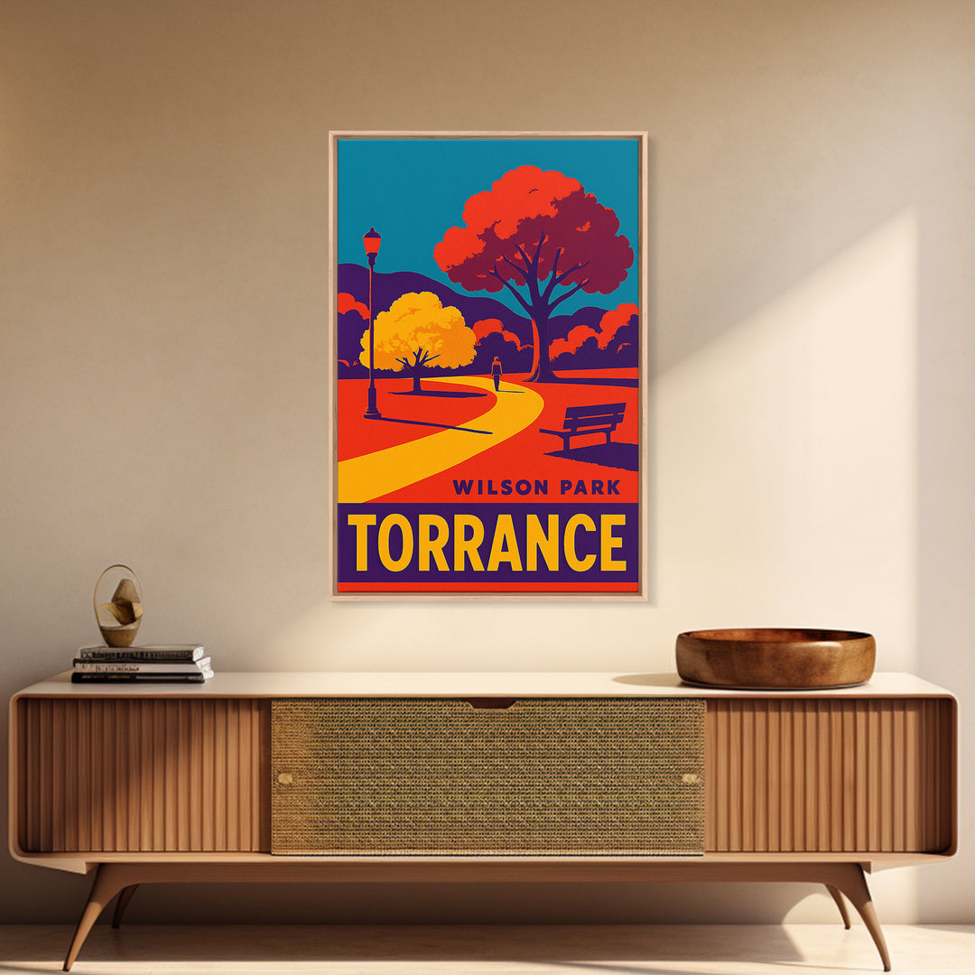 Torrance Travel Poster, Framed Canvas Print, Bold Pop Art Poster, Torrance Travel Art, Living Room Wall Art, City Illustration
