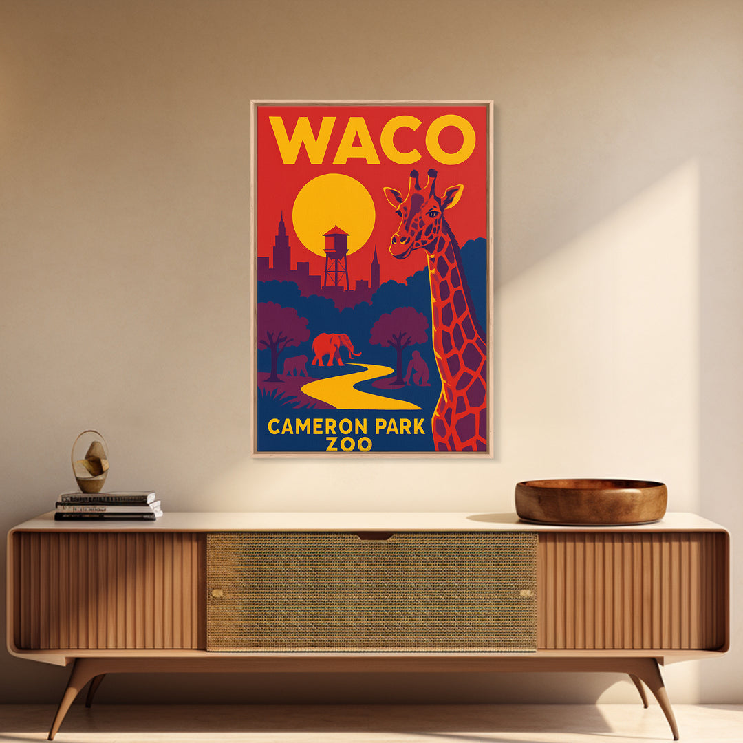 Waco Travel Poster, Framed Canvas Print, Bold Pop Art Poster, Waco Wall Art, Mid Century Wall Art, Retro Travel Print, City Art Print