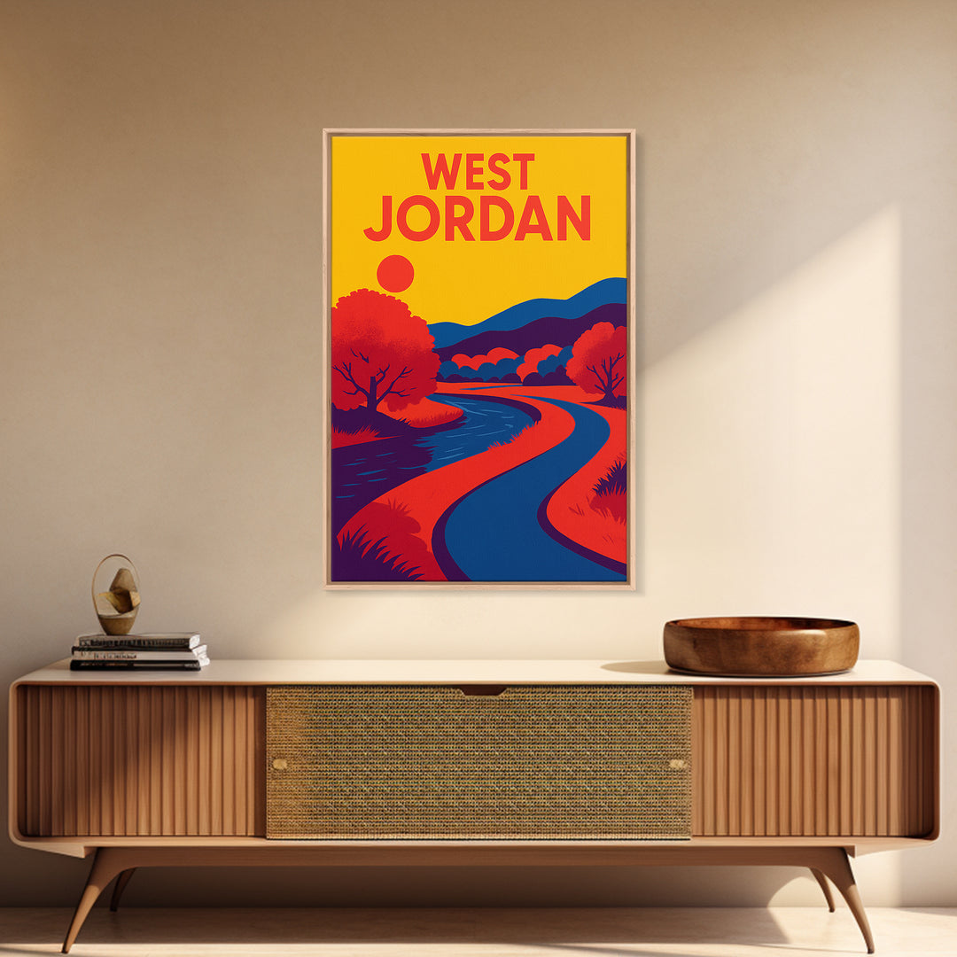 West Jordan Travel Poster, Framed Canvas Print, Bold Pop Art Poster, West Jordan Travel Art, Eclectic Wall Decor, City Illustration