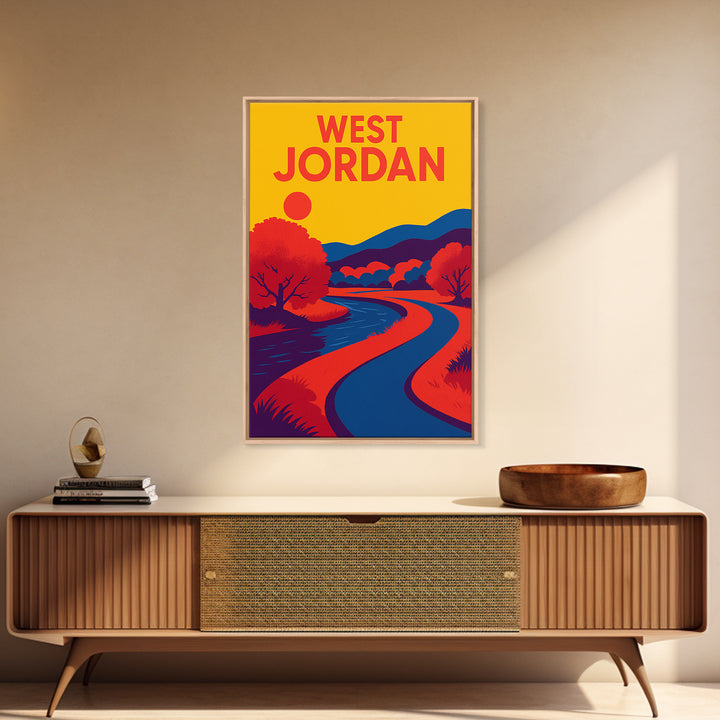 West Jordan Travel Poster, Framed Canvas Print, Bold Pop Art Poster, West Jordan Travel Art, Eclectic Wall Decor, City Illustration