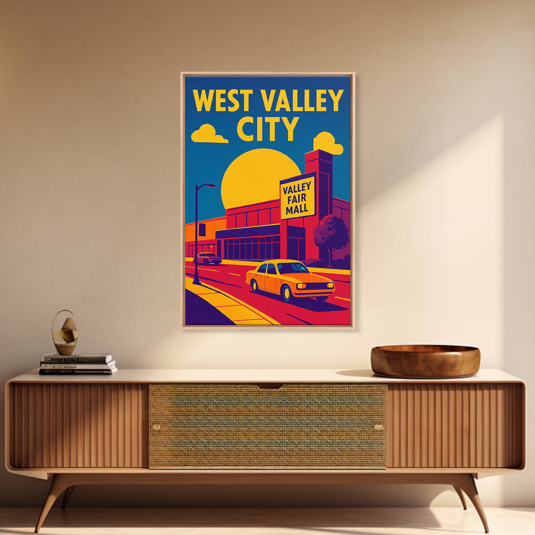 West Valley City Travel Poster, Framed Canvas Print, Vibrant Retro Travel Art, West Valley City Poster Print, Watercolor Cityscape