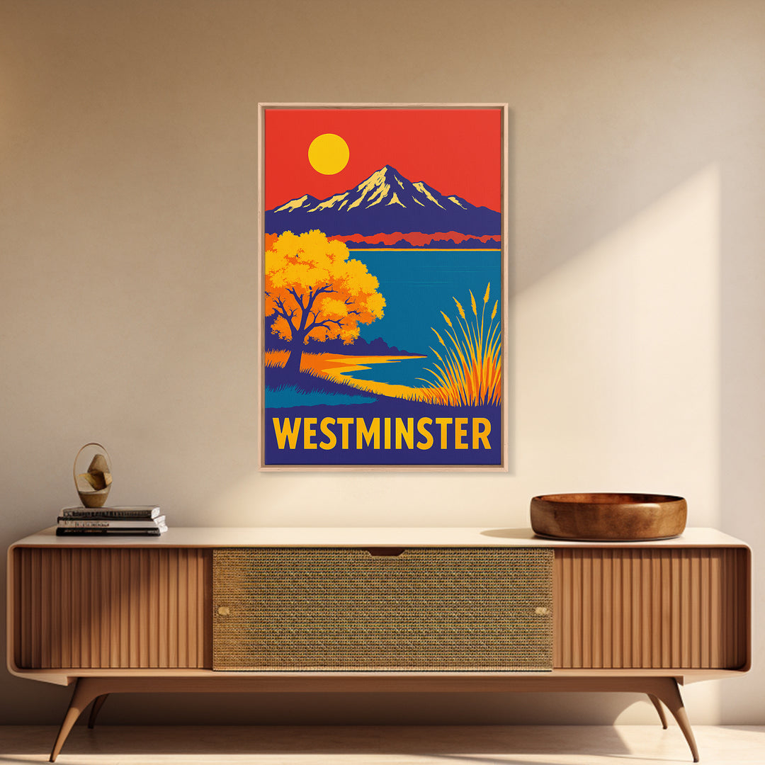 Westminster Travel Poster, Framed Canvas Print, Vibrant Retro Travel Art, Westminster City Art, Wanderlust Decor, City Illustration