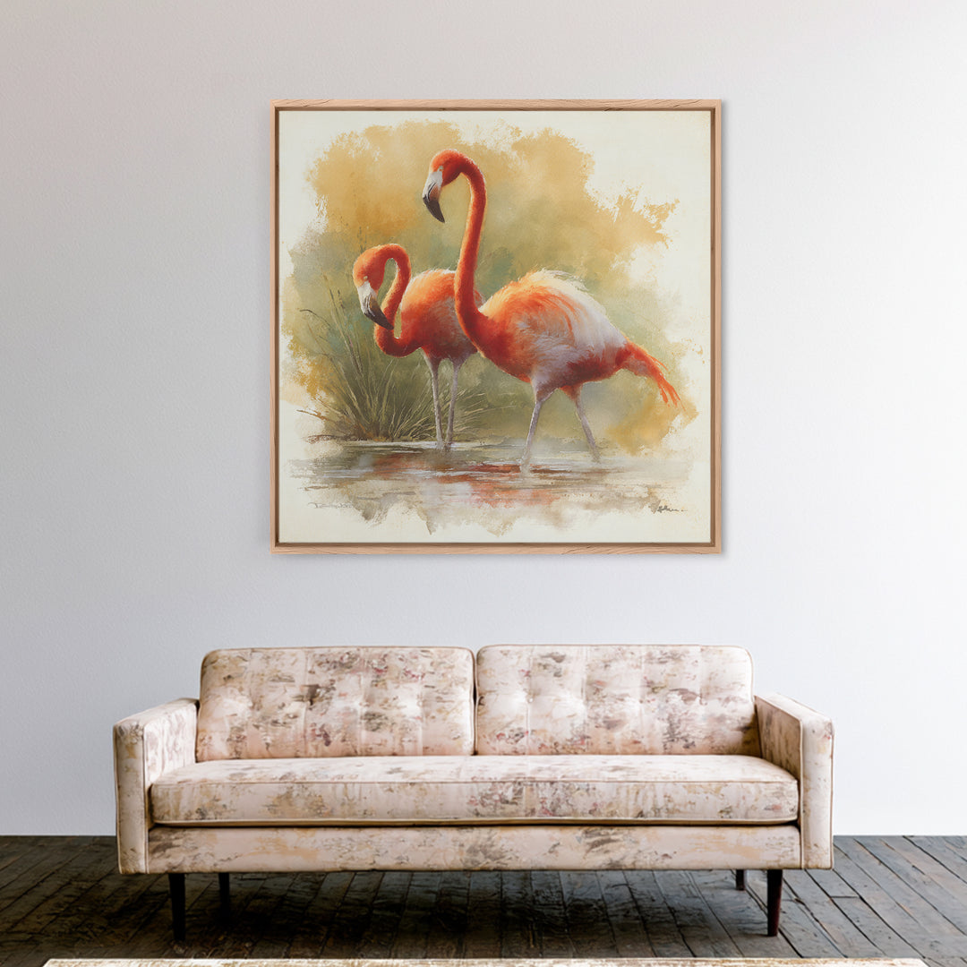 Flamingo Pair Beside Shallow Water Canvas Print, Patio Art, Beach House Decor, Patio Decor, Fine Art, Outdoor, Modern Decor, PAT-1x1-10