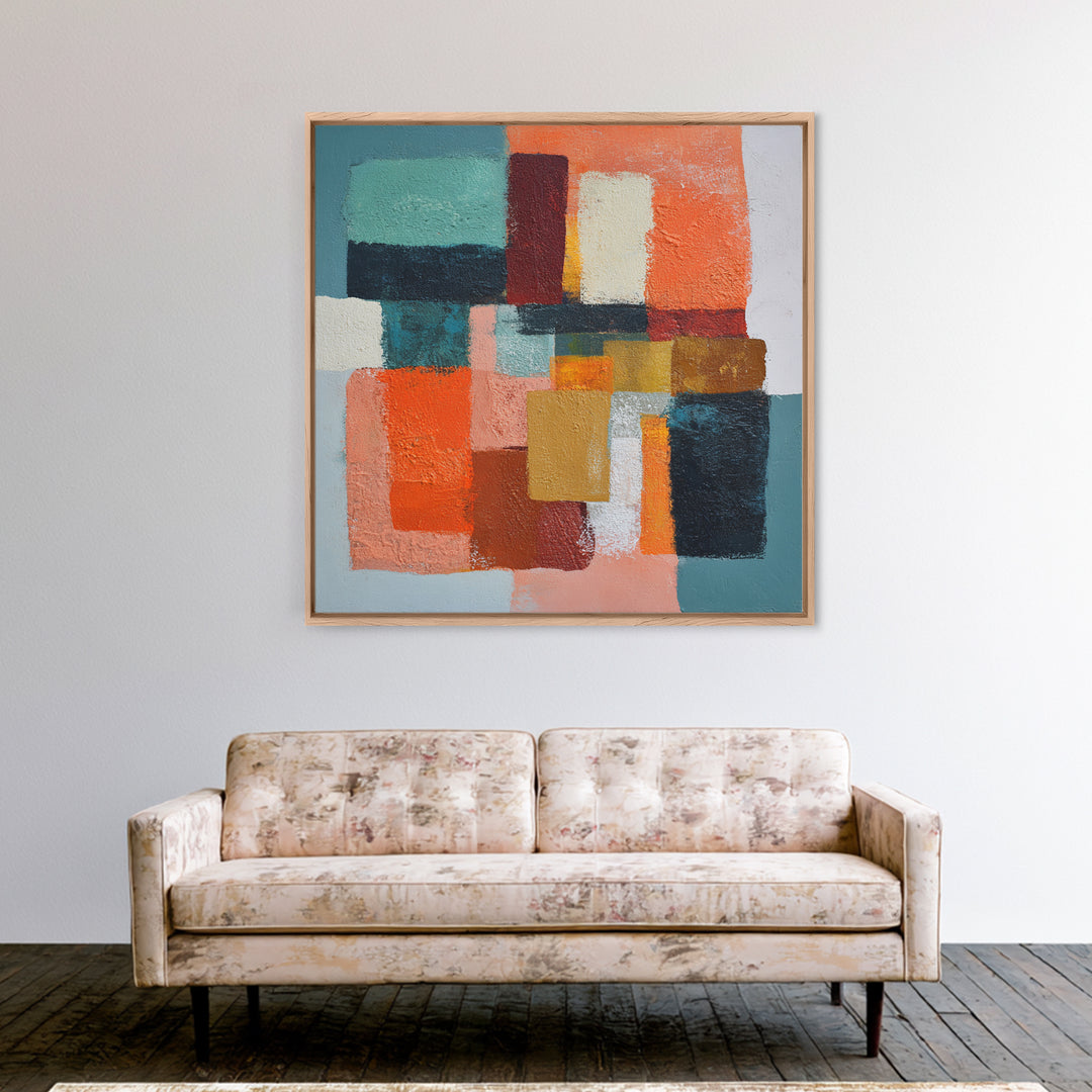Bright Coral and Turquoise Abstract for Outdoors Framed Canvas Print, Patio Art, Decor, Patio Decor, Fine Art, Outdoor, PAT-1x1-12