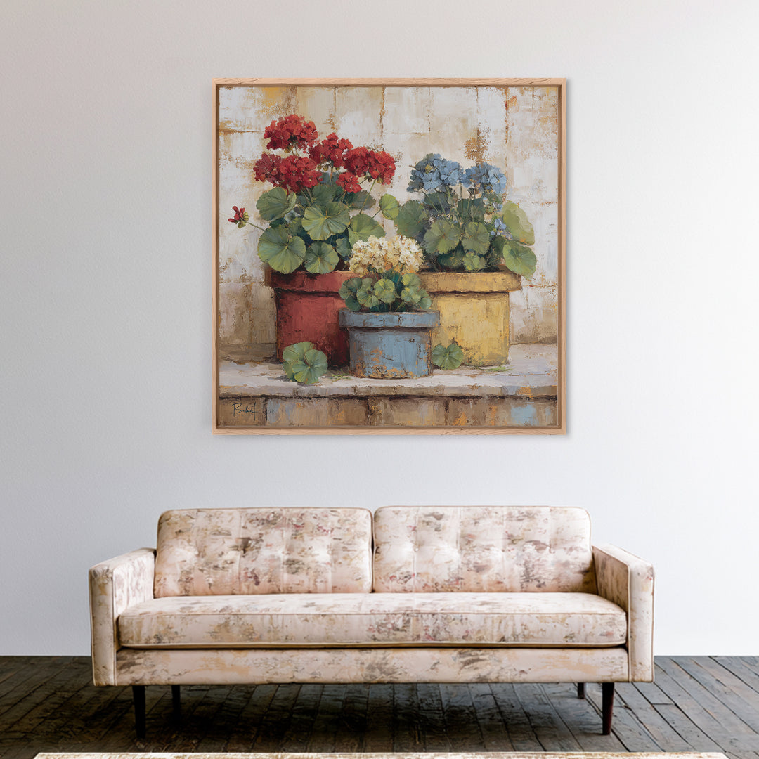 Potted Geraniums in Rustic Clay Pots Canvas Print, Patio Art, Porch Decor, Patio Decor, Fine Art, Outdoor, Fine Art Print, PAT-1x1-14