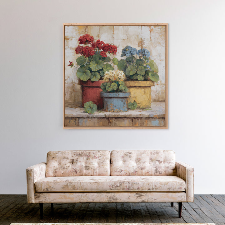 Potted Geraniums in Rustic Clay Pots Canvas Print, Patio Art, Porch Decor, Patio Decor, Fine Art, Outdoor, Fine Art Print, PAT-1x1-14