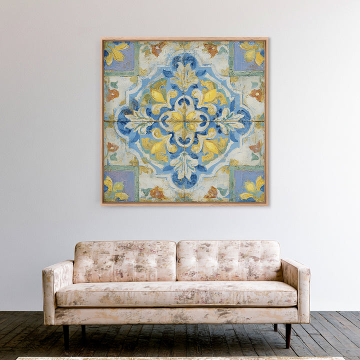Mediterranean Lemons and Blue Tile Pattern Framed Canvas Print, Patio Art, Patio Decor, Fine Art, Outdoor, Gallery Decor, PAT-1x1-2