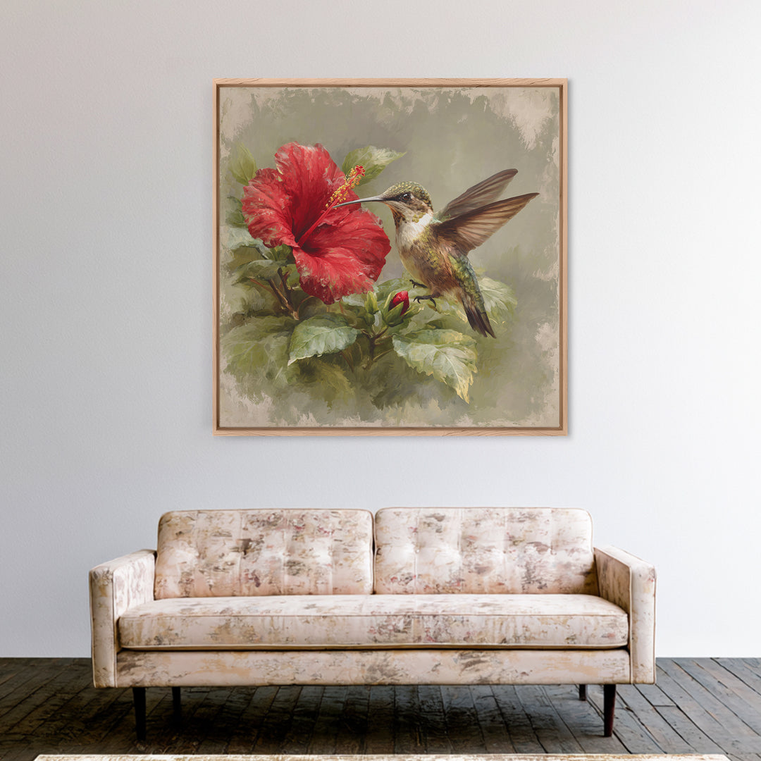 Hummingbird Visiting Bright Hibiscus Canvas Print, Patio Art, Western Decor, Patio Decor, Abstract Art, Outdoor, Floral Art, PAT-1x1-3