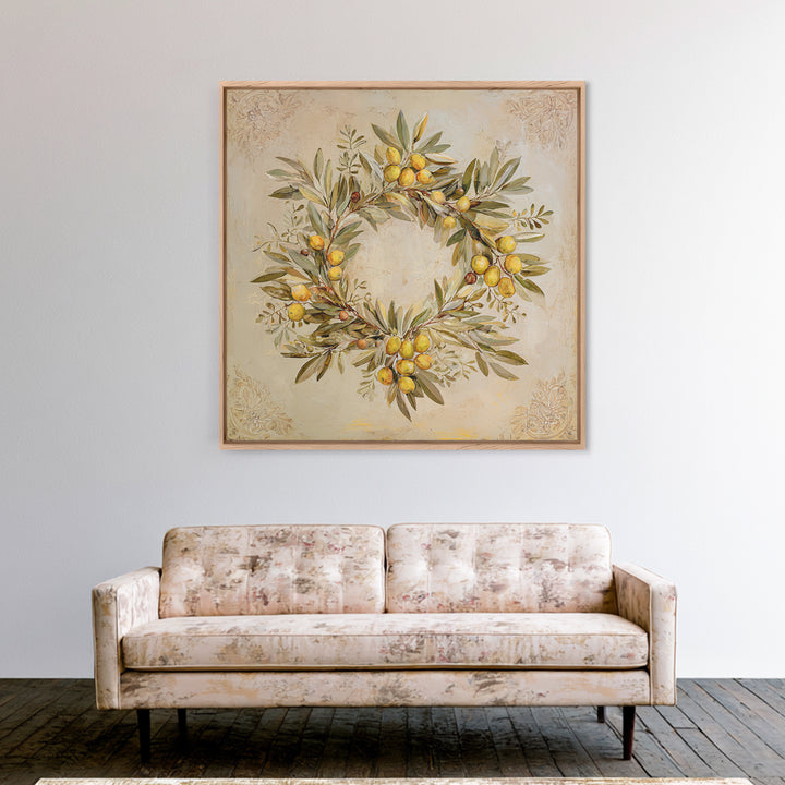 Olive Branch Wreath on Warm Plaster Framed Canvas Print, Patio Art, Statement Artwork, Patio Decor, Fine Art, Outdoor, PAT-1x1-33