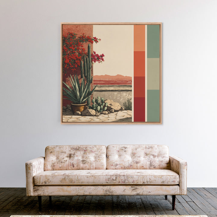 Desert Patio Agave and Bougainvillea Framed Canvas Print, Patio Art, Gallery Decor, Patio Decor, Oil Painting, Outdoor, PAT-1x1-41