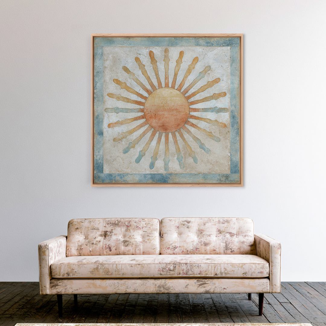 Sun Motif with Warm Terracotta Rays Framed Canvas Print, Patio Art, Floral Art, Patio Decor, Abstract Art, Outdoor, PAT-1x1-42
