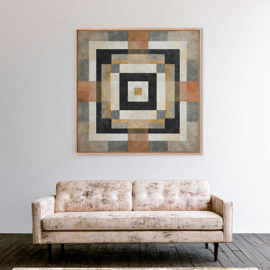 Warm Geometric Tile Pattern Framed Canvas Print, Patio Art, Wall Decor, Patio Decor, Fine Art, Outdoor, Coastal Decor, PAT-1x1-48