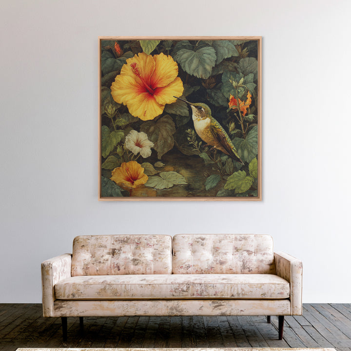 Hummingbird Visiting Bright Hibiscus Framed Canvas Print, Patio Art, Family Wall Art, Patio Decor, Oil Painting, Outdoor, PAT-1x1-51
