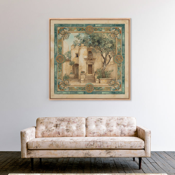 Olive Branch Wreath on Warm Plaster Framed Canvas Print, Patio Art, Statement Artwork, Patio Decor, Fine Art, Outdoor, PAT-1x1-57
