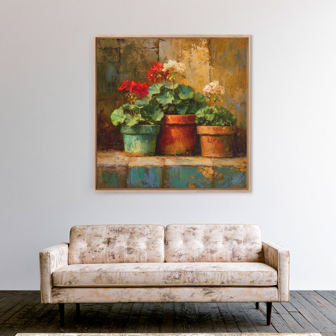 Potted Geraniums in Rustic Clay Pots Framed Canvas Print, Patio Art, Family Wall Art, Patio Decor, Fine Art, Outdoor, PAT-1x1-62