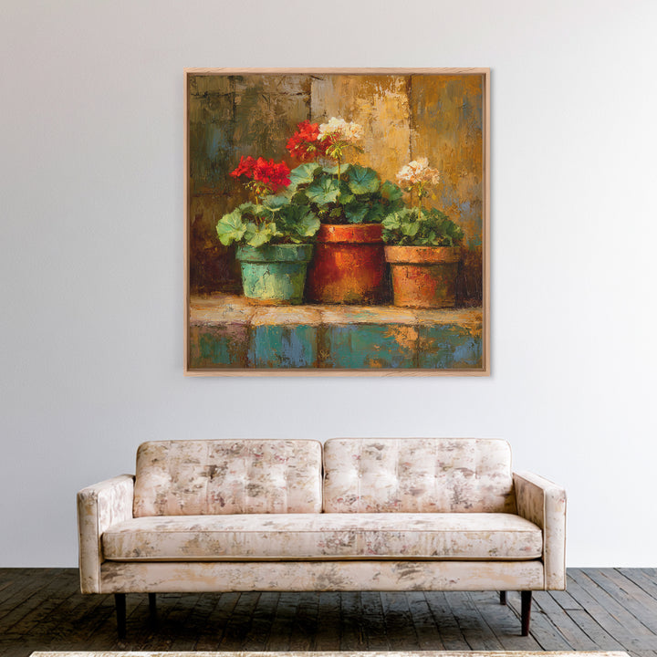 Potted Geraniums in Rustic Clay Pots Framed Canvas Print, Patio Art, Family Wall Art, Patio Decor, Fine Art, Outdoor, PAT-1x1-62