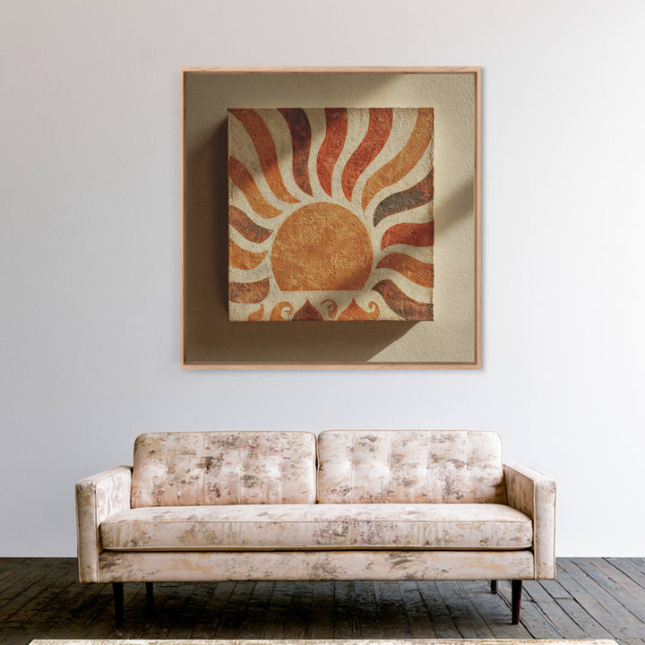 Sun Motif with Warm Terracotta Rays Framed Canvas Print, Patio Art, Floral Art, Patio Decor, Abstract Art, Outdoor, PAT-1x1-66