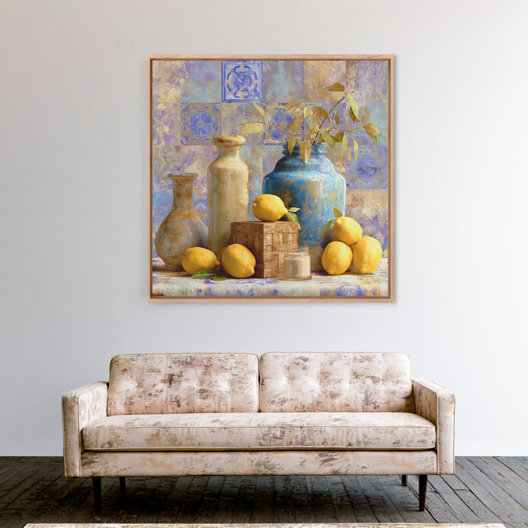 Mediterranean Lemons and Blue Tile Pattern Framed Canvas Print, Patio Art, Patio, Patio Decor, Outdoor, Minimalist Decor, PAT-1x1-74