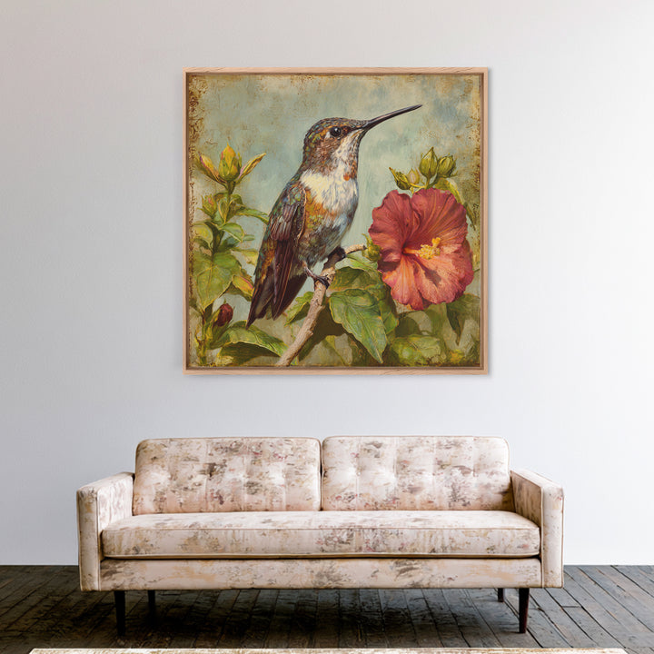 Hummingbird Visiting Bright Hibiscus Canvas Print, Patio Art, Modern Decor, Patio Decor, Fine Art, Outdoor, Home Decor, PAT-1x1-75