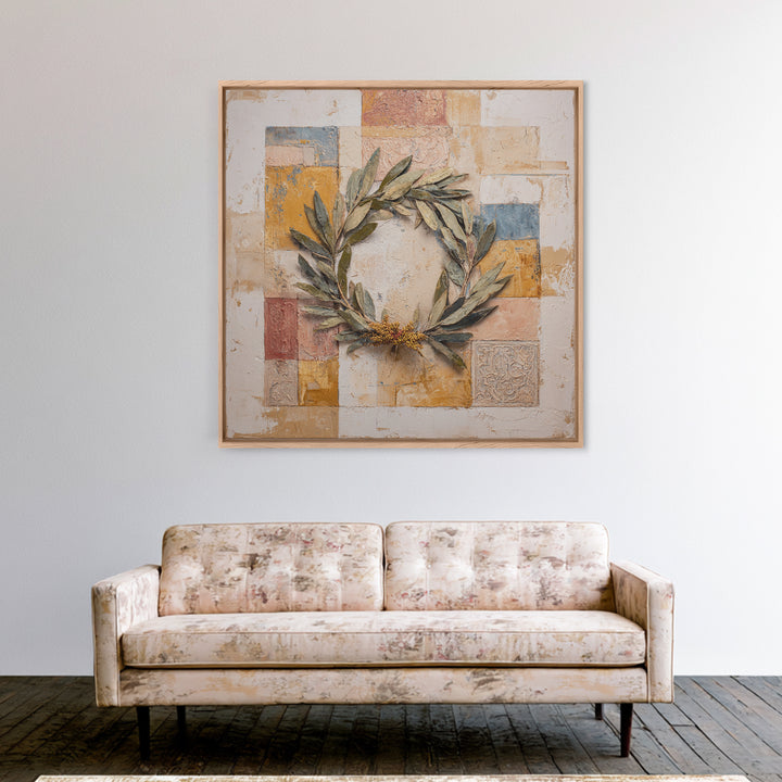 Olive Branch Wreath on Warm Plaster Canvas Print, Patio Art, Patio Decor, Oil Painting, Outdoor, Outdoor Wall Art, PAT-1x1-81
