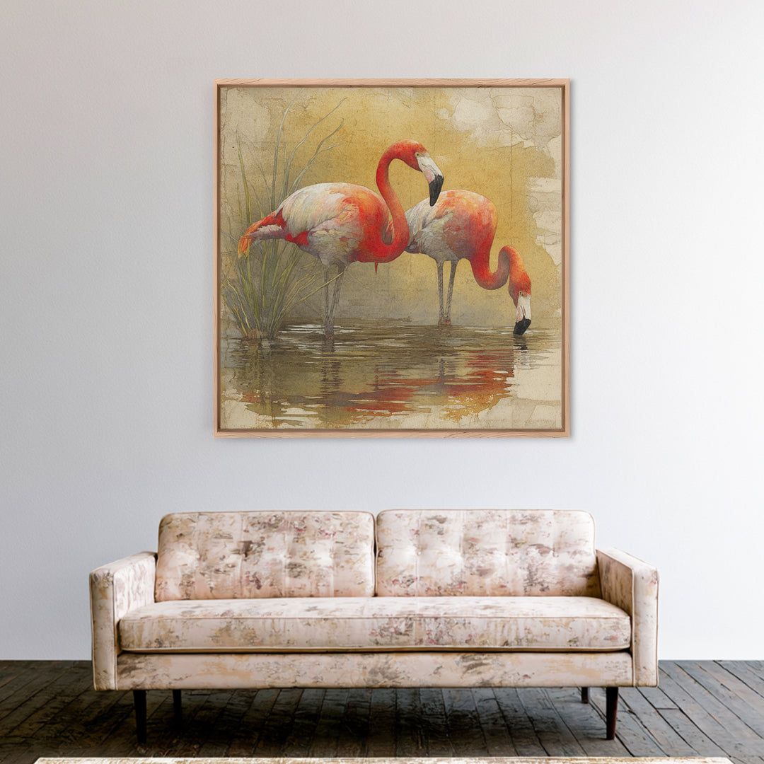 Flamingo Pair Beside Shallow Water Canvas Print, Patio Art, Neutral Decor, Patio Decor, Oil Painting, Outdoor, Wall Art, PAT-1x1-82