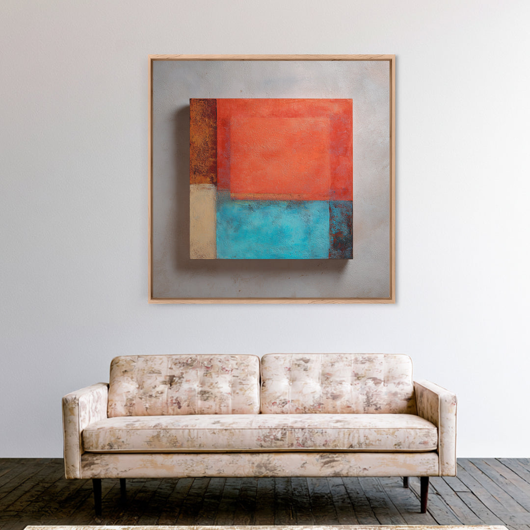 Bright Coral and Turquoise Abstract for Outdoors Framed Canvas Print, Patio Art, Mixed Media Art, Patio Decor, Outdoor, PAT-1x1-84