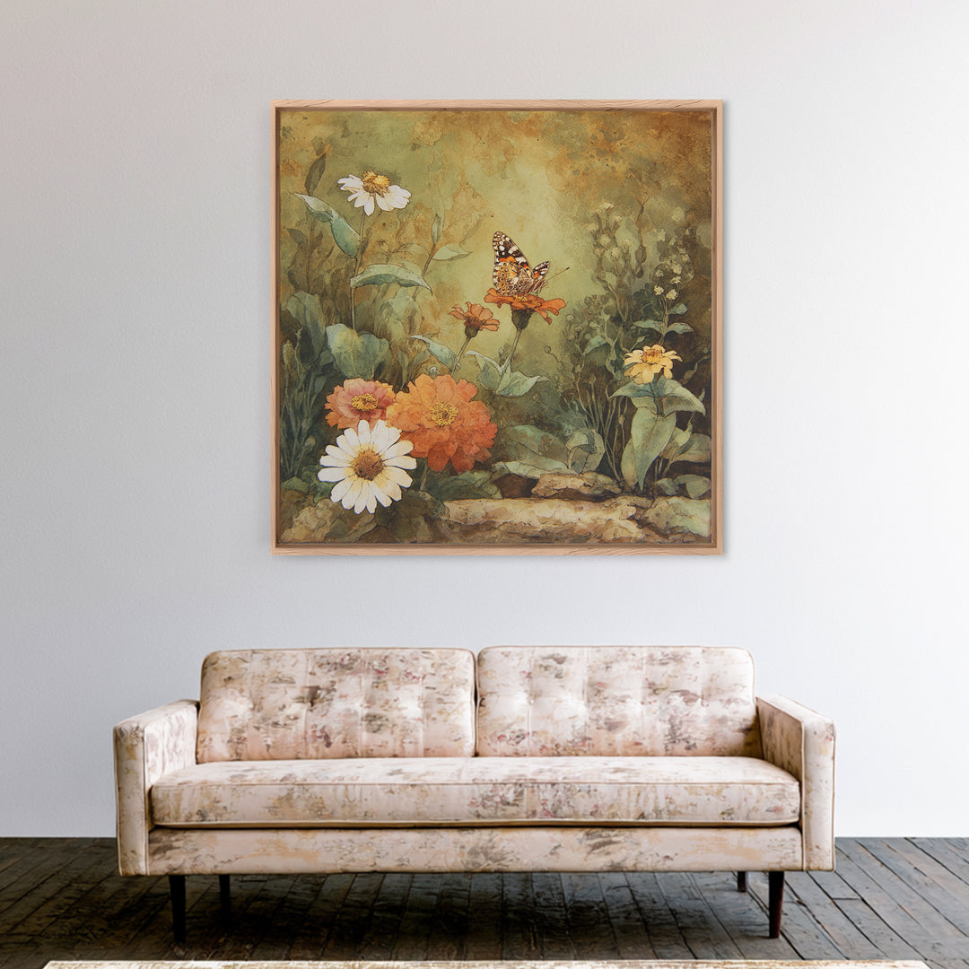 Butterfly Garden with Zinnias and Daisies Canvas Print, Patio Art, Boho Decor, Patio Decor, Oil Painting, Outdoor, PAT-1x1-85