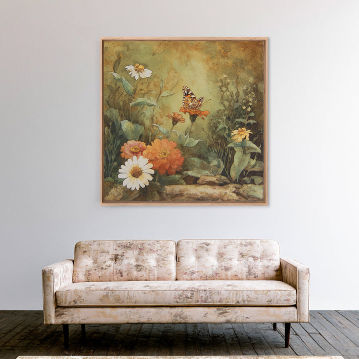 Butterfly Garden with Zinnias and Daisies Canvas Print, Patio Art, Boho Decor, Patio Decor, Oil Painting, Outdoor, PAT-1x1-85