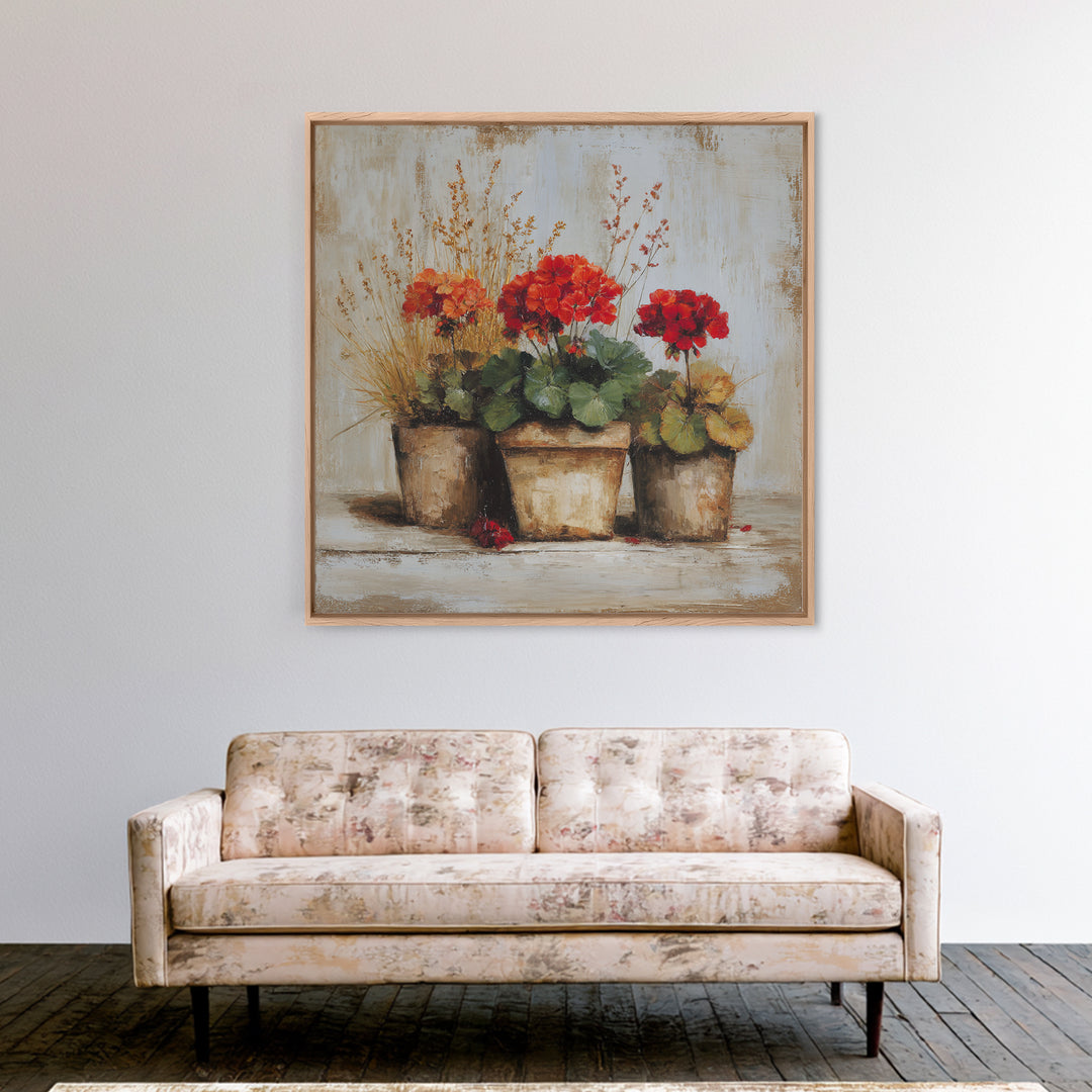 Potted Geraniums in Rustic Clay Pots Canvas Print, Patio Art, Modern Decor, Patio Decor, Fine Art, Outdoor, Home Decor, PAT-1x1-86