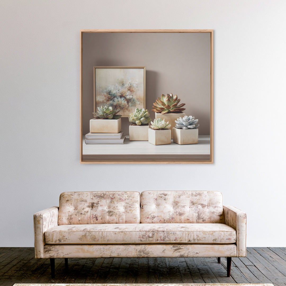 Succulent Collection in Ceramic Planters Framed Canvas Print, Patio Art, Luxury Decor, Patio Decor, Oil Painting, Outdoor, PAT-1x1-93