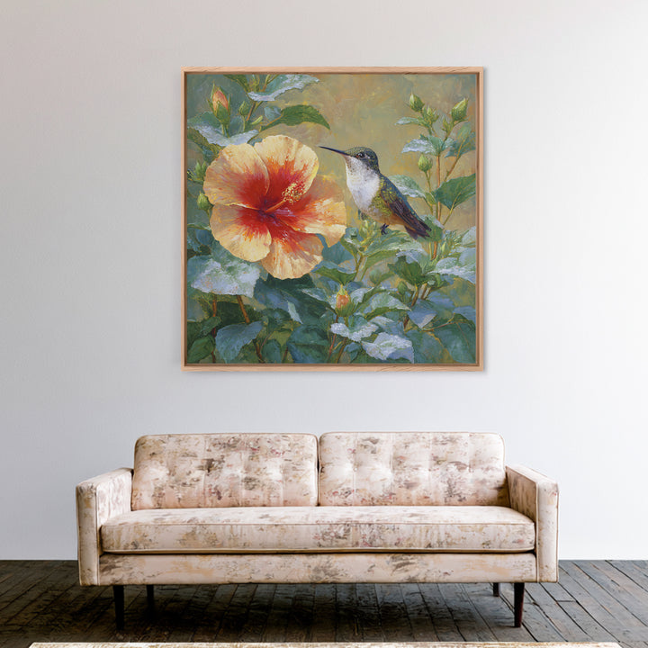 Hummingbird Visiting Bright Hibiscus Canvas Print, Patio Art, Wall Art, Patio Decor, Fine Art, Outdoor, Outdoor Wall Decor, PAT-1x1-99