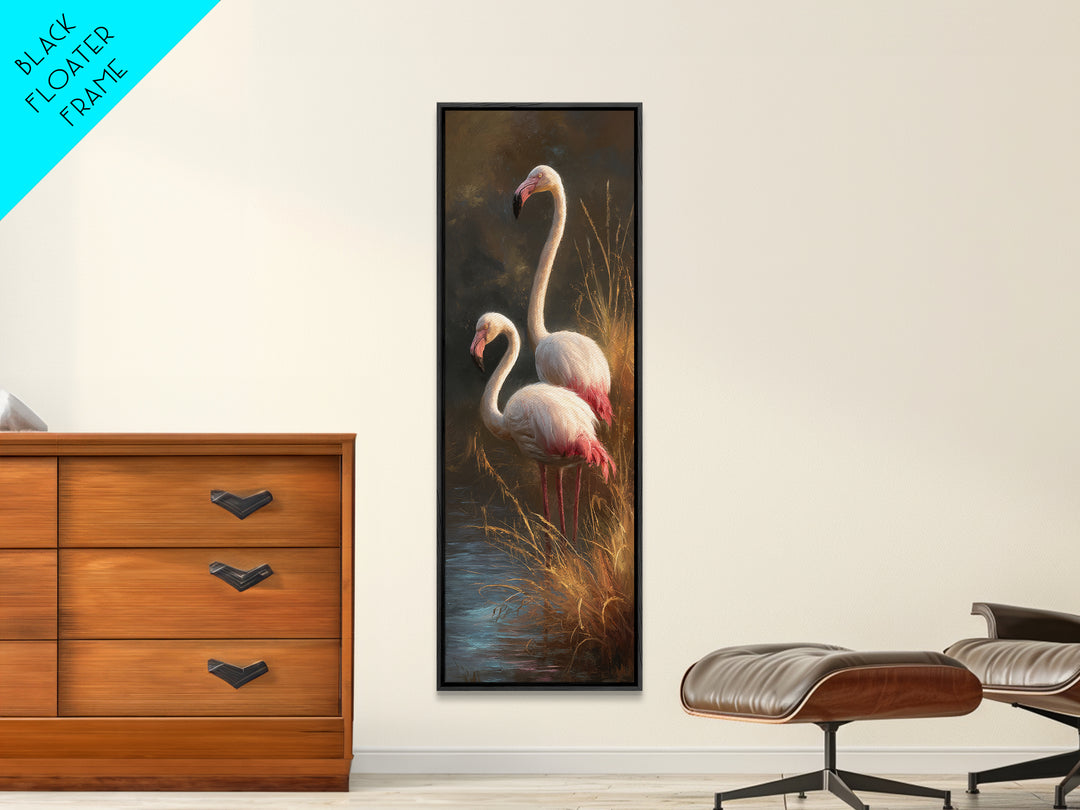 Flamingo Pair Beside Shallow Water Framed Canvas Print, Patio Art, Rustic Decor, Patio Decor, Fine Art, Outdoor, PAT-1x3-46