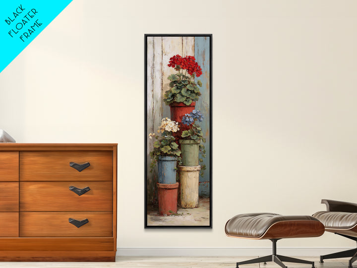 Potted Geraniums in Rustic Clay Pots Framed Canvas Print, Patio Art, Outdoor Art, Patio Decor, Fine Art, Outdoor, PAT-1x3-50