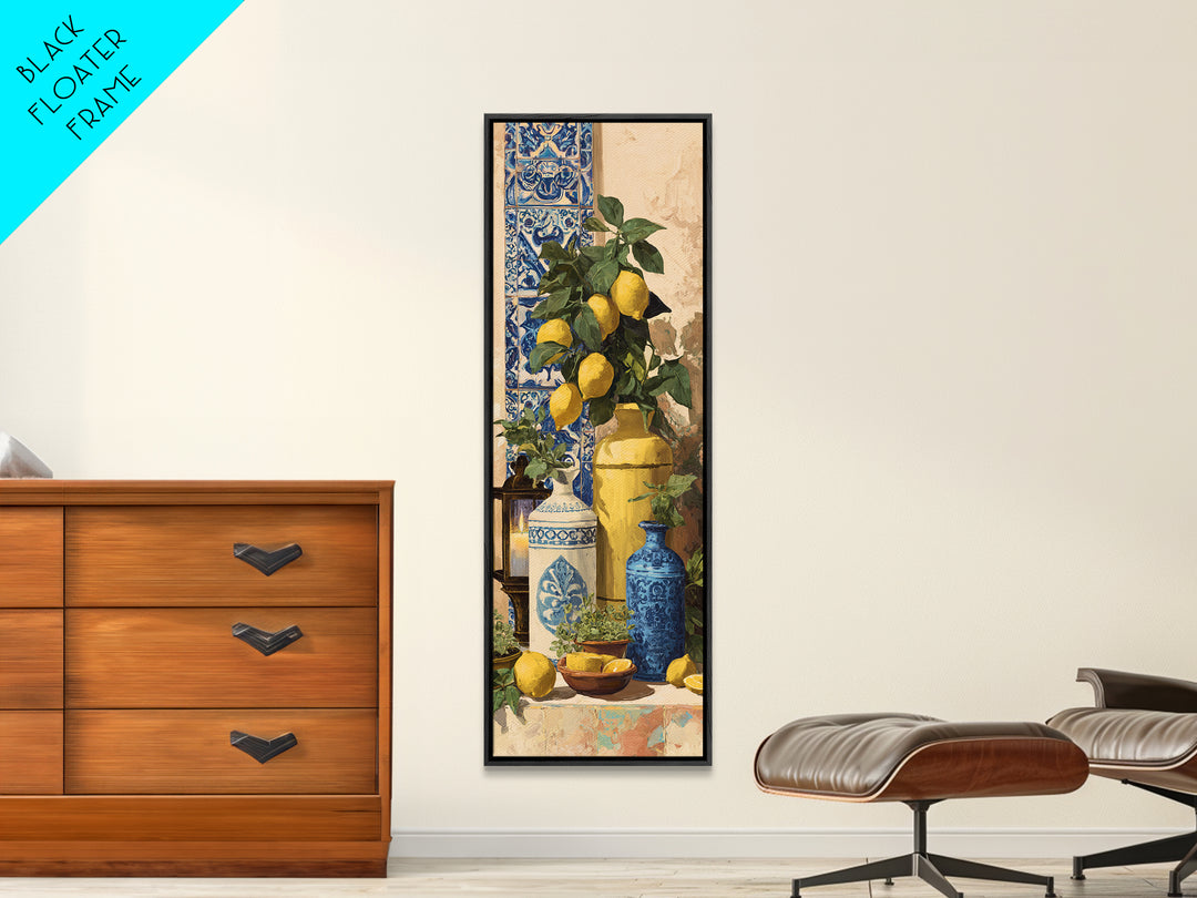 Mediterranean Lemons and Blue Tile Pattern Framed Canvas Print, Patio Art, Neutral Decor, Patio Decor, Fine Art, Outdoor, PAT-1x3-62