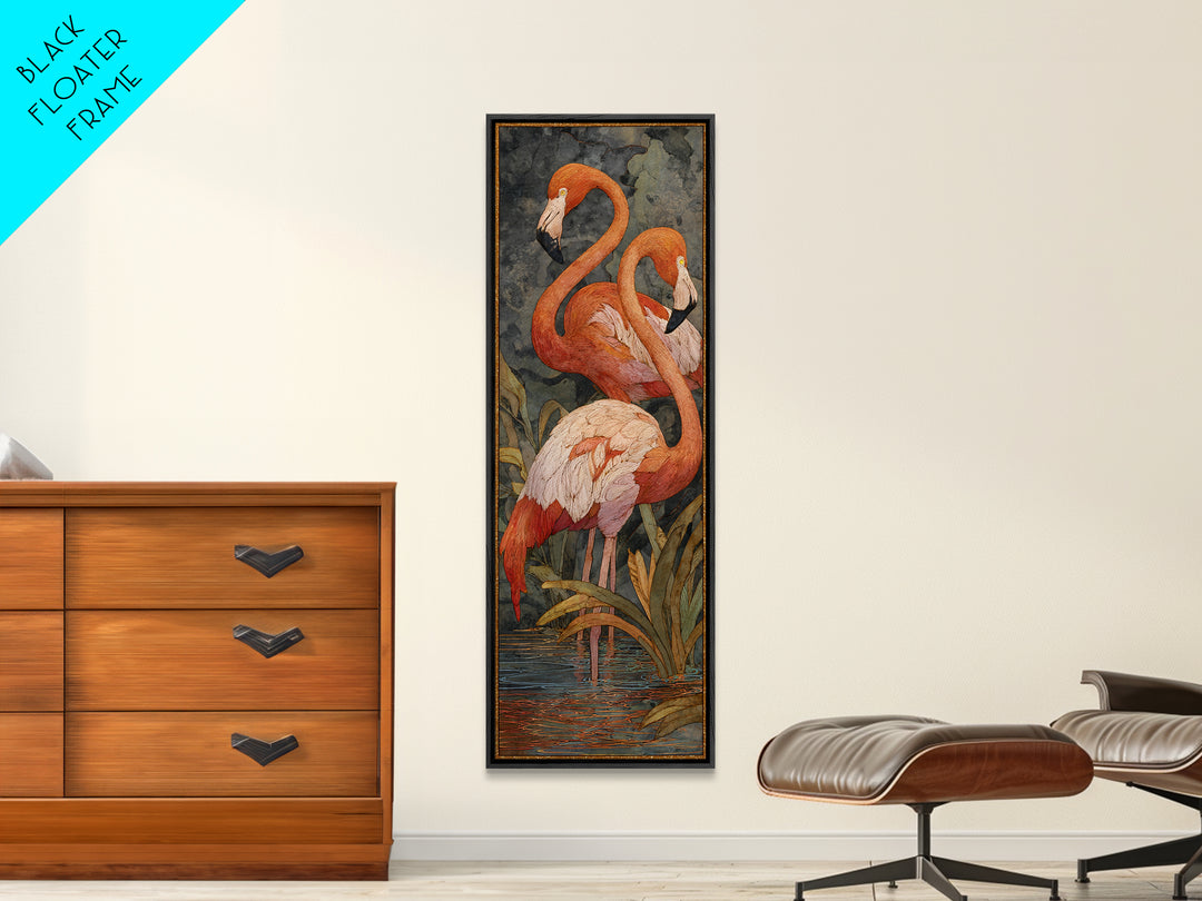 Flamingo Pair Beside Shallow Water Framed Canvas Print, Patio Art, Rustic Decor, Patio Decor, Fine Art, Outdoor, PAT-1x3-70
