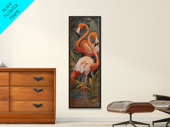 Flamingo Pair Beside Shallow Water Framed Canvas Print, Patio Art, Rustic Decor, Patio Decor, Fine Art, Outdoor, PAT-1x3-70