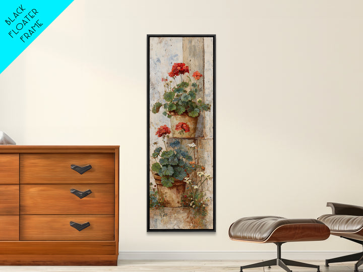 Potted Geraniums in Rustic Clay Pots Framed Canvas Print, Patio Art, Outdoor Art, Patio Decor, Fine Art, Outdoor, PAT-1x3-74