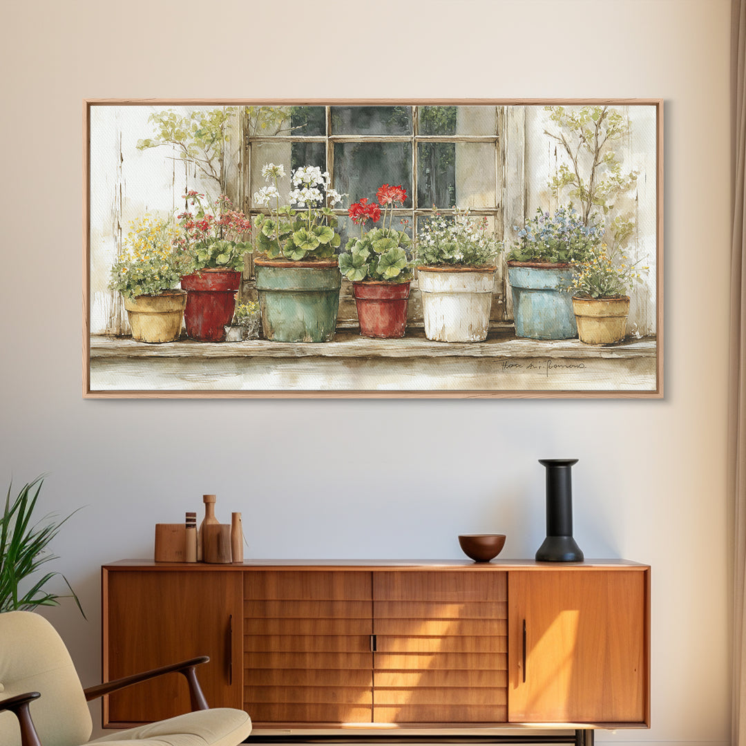 Potted Geraniums in Rustic Clay Pots Framed Canvas Print, Patio Art, Art Print, Patio Decor, Fine Art, Outdoor, Garden Decor, PAT-2x1-10