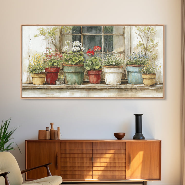 Potted Geraniums in Rustic Clay Pots Framed Canvas Print, Patio Art, Art Print, Patio Decor, Fine Art, Outdoor, Garden Decor, PAT-2x1-10
