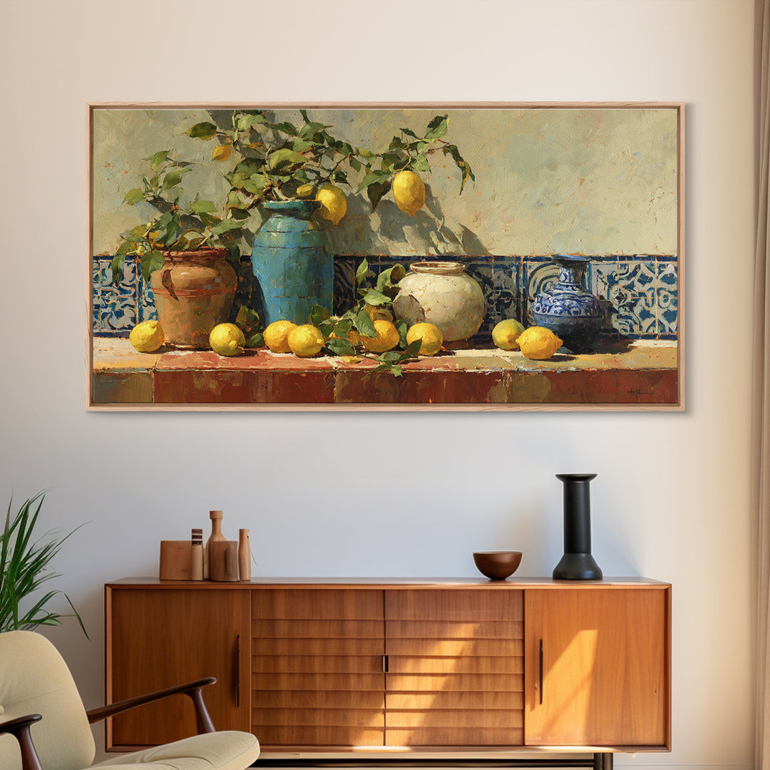 Mediterranean Lemons and Blue Tile Pattern Canvas Print, Patio Art, Boho Decor, Patio Decor, Fine Art, Outdoor, Outdoor Decor, PAT-2x1-22