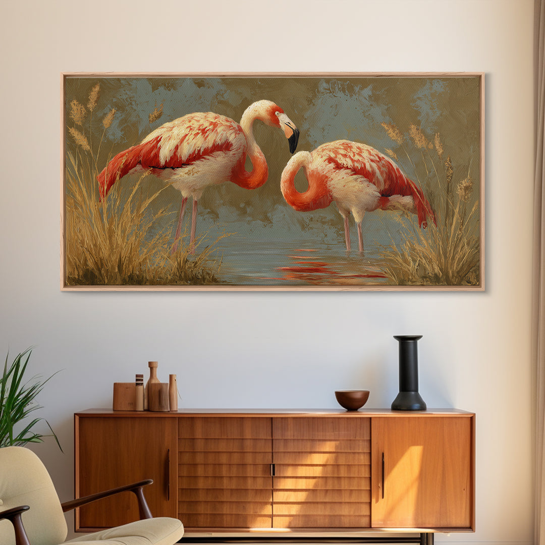 Flamingo Pair Beside Shallow Water Framed Canvas Print, Patio Art, Luxury Decor, Patio Decor, Fine Art, Outdoor, Wall Hanging, PAT-2x1-30