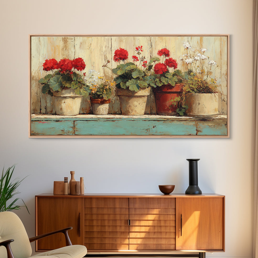 Potted Geraniums in Rustic Clay Pots Framed Canvas Print, Patio Art, Art Print, Patio Decor, Fine Art, Outdoor, Garden Decor, PAT-2x1-34