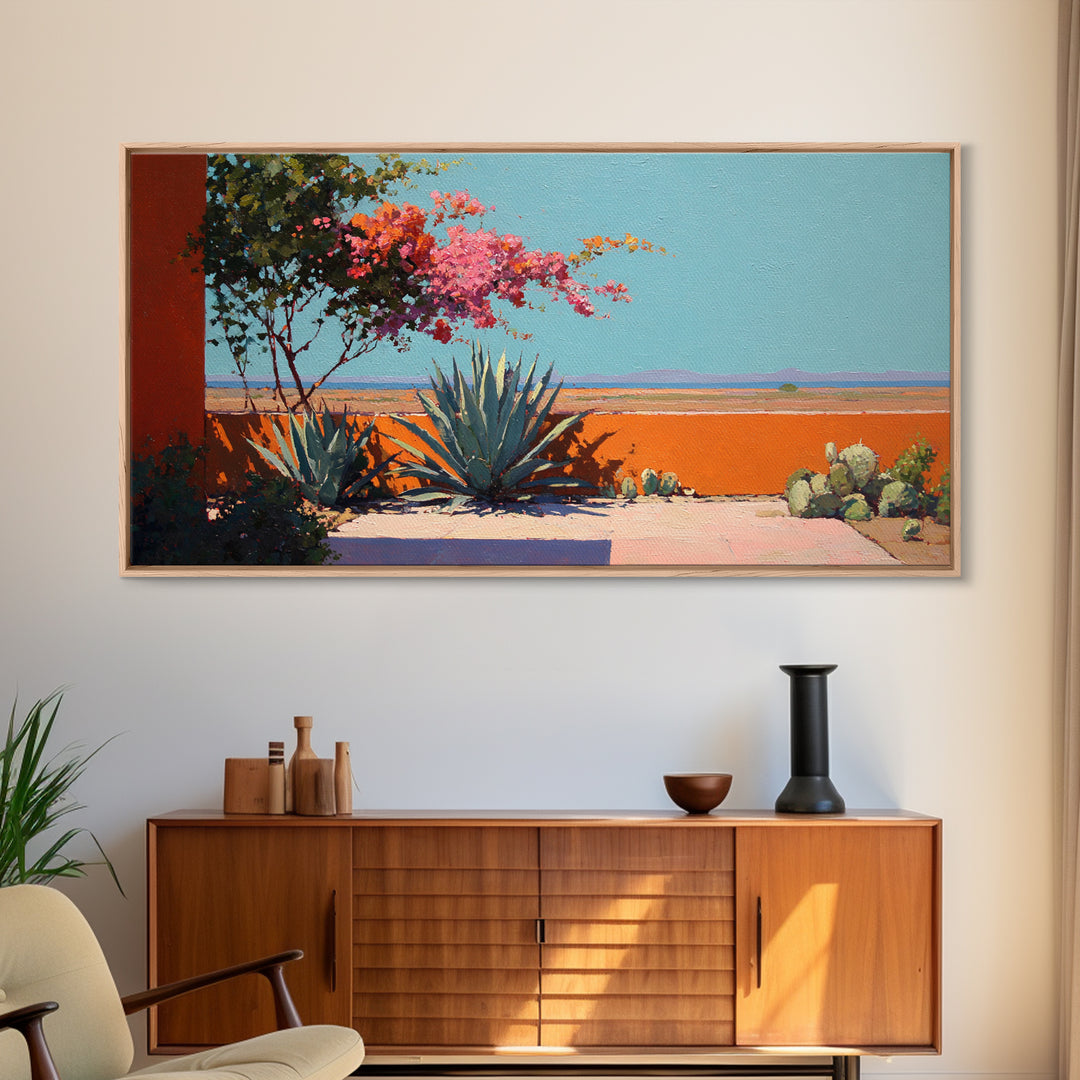 Desert Patio Agave and Bougainvillea Framed Canvas Print, Patio Art, Minimalist Decor, Patio Decor, Fine Art, Outdoor, PAT-2x1-37
