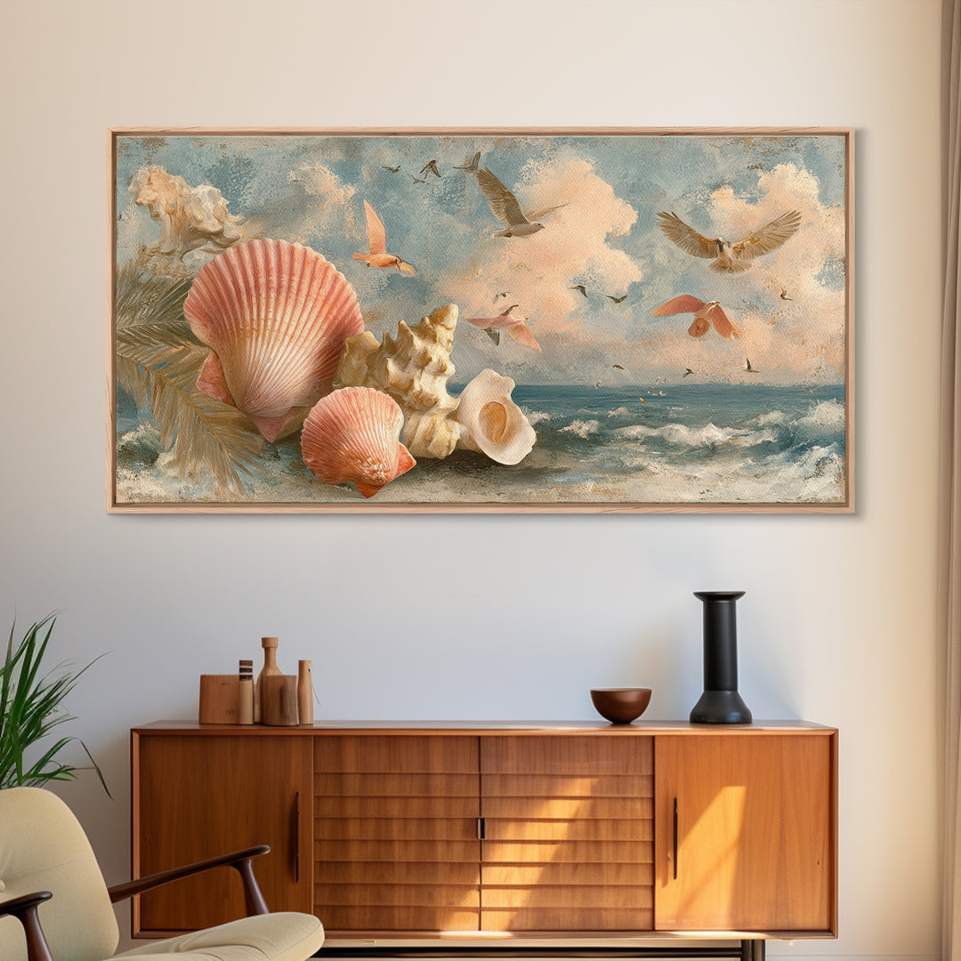 Beachy Shell and Palm Arrangement Canvas Print, Patio Art, Outdoor Decor, Patio Decor, Oil Painting, Outdoor, Bar Art, PAT-2x1-39