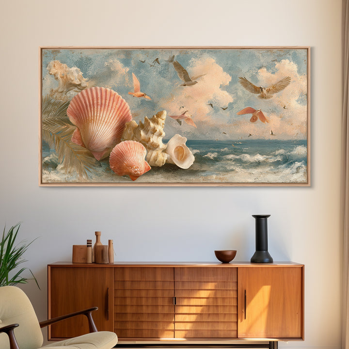 Beachy Shell and Palm Arrangement Canvas Print, Patio Art, Outdoor Decor, Patio Decor, Oil Painting, Outdoor, Bar Art, PAT-2x1-39