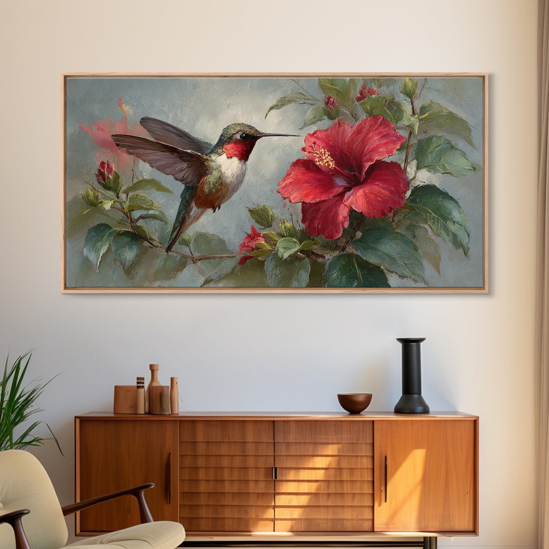 Hummingbird Visiting Bright Hibiscus Canvas Print, Patio Art, Metal Art, Patio Decor, Oil Painting, Outdoor, Patio Cushions, PAT-2x1-47